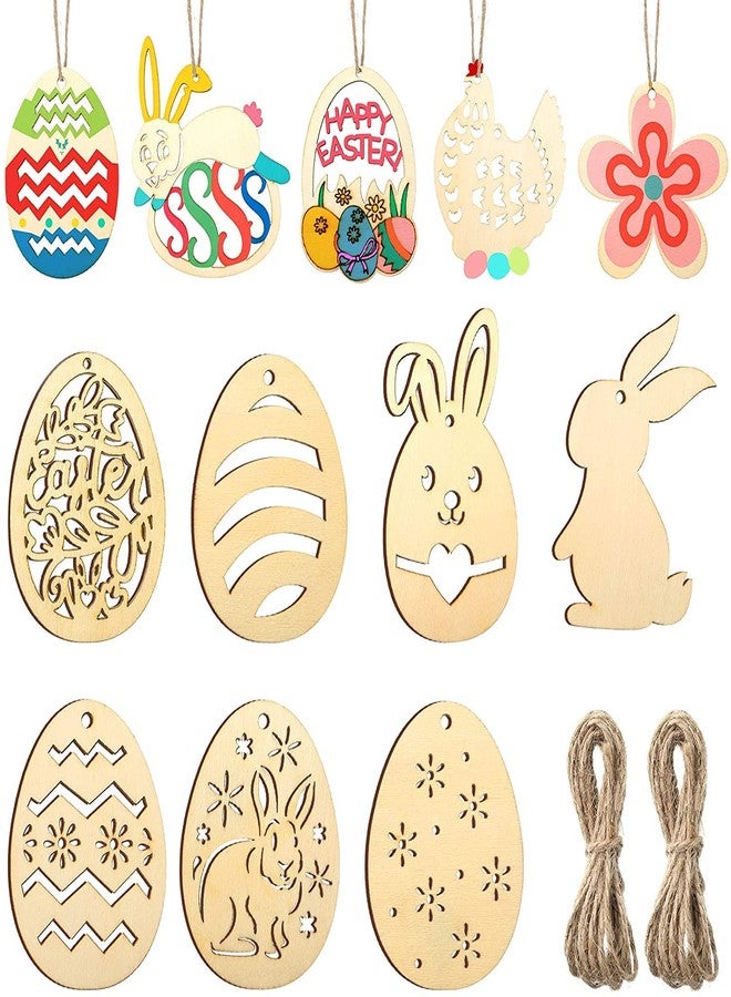 Cliths Pack of 12 Pieces Easter Crafts Wooden Ornaments Unfinished Crafts Wood Hanging Ropes Egg Bunny Chicken Flower Shape for DIY Kids Easter Party Decoration Supplies - Image 1